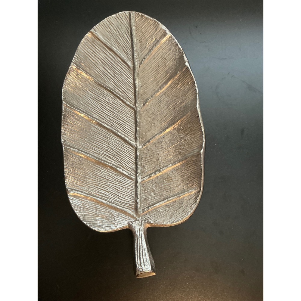 Silver Banana Leaf Decorative Tray Cast Metal  Catchall Dish 15.5in India